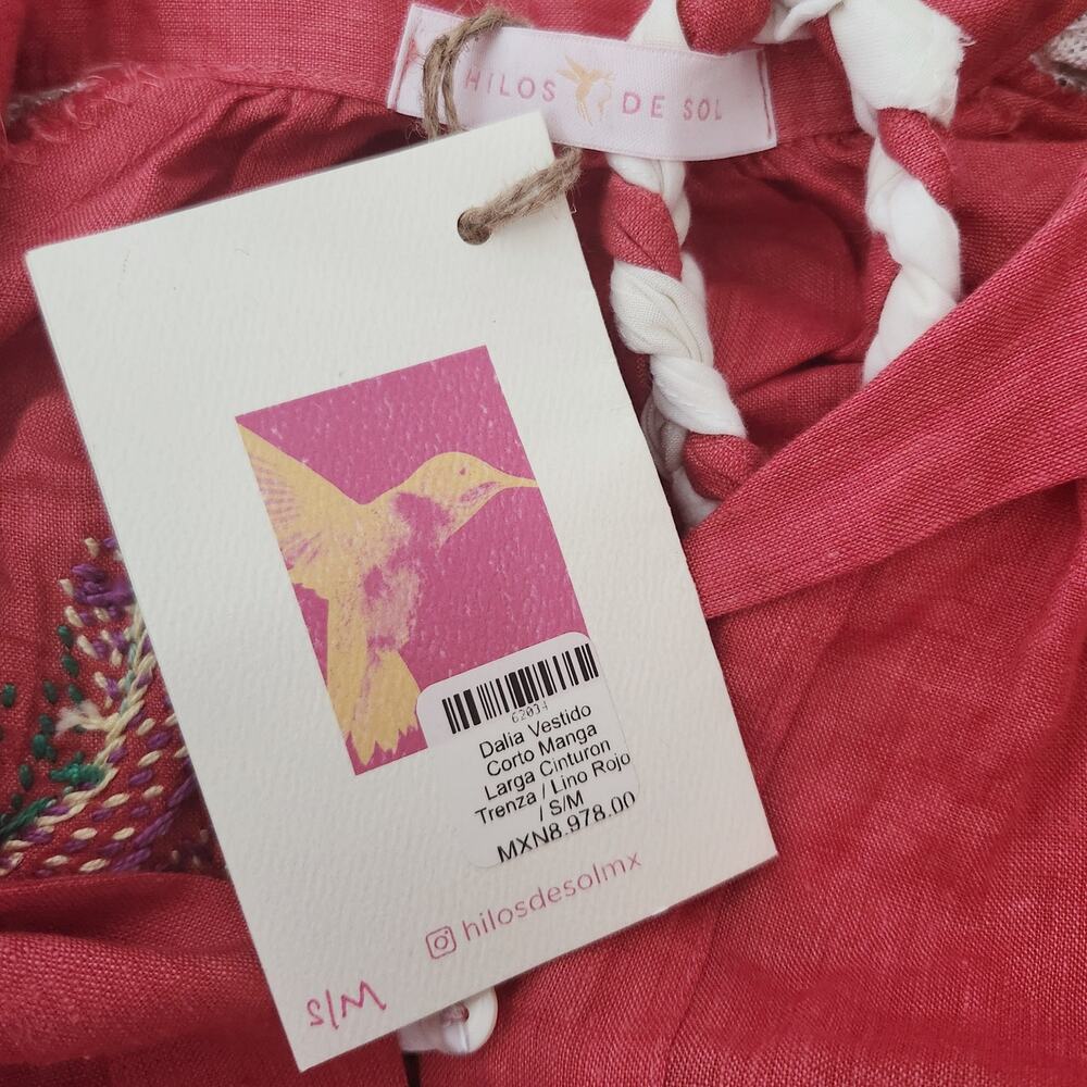 HILOS DE SOL Dalia Mexican embroidered linen lace belted red dress Size S M NEW - Picture 8 of 9